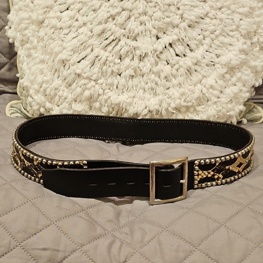 Hollywood Trading Company Black and Tan Snakeprint Studded Leather Belt